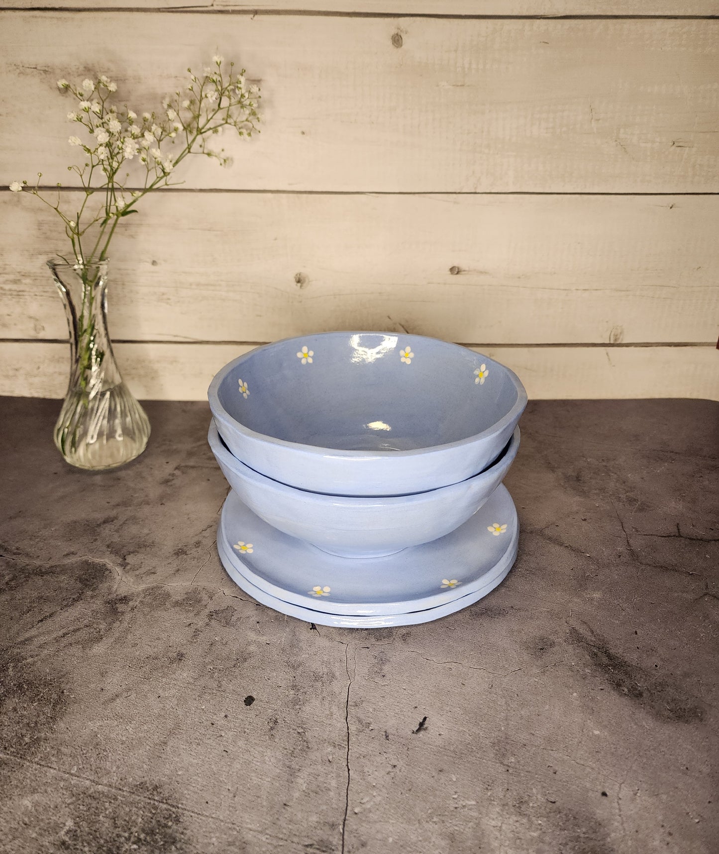 Bowl & Plate Set- Powder Blue Flowers