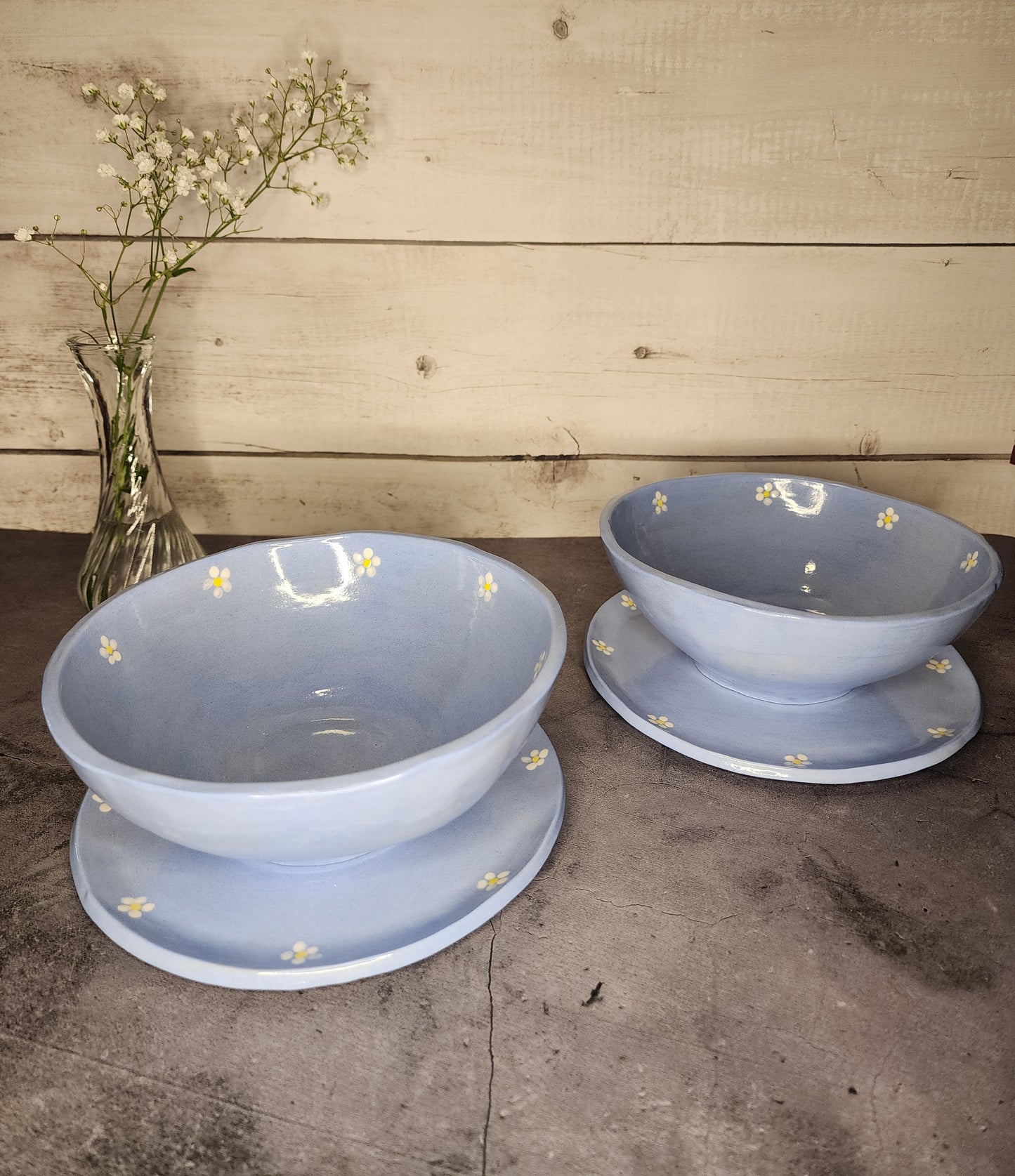 Bowl & Plate Set- Powder Blue Flowers