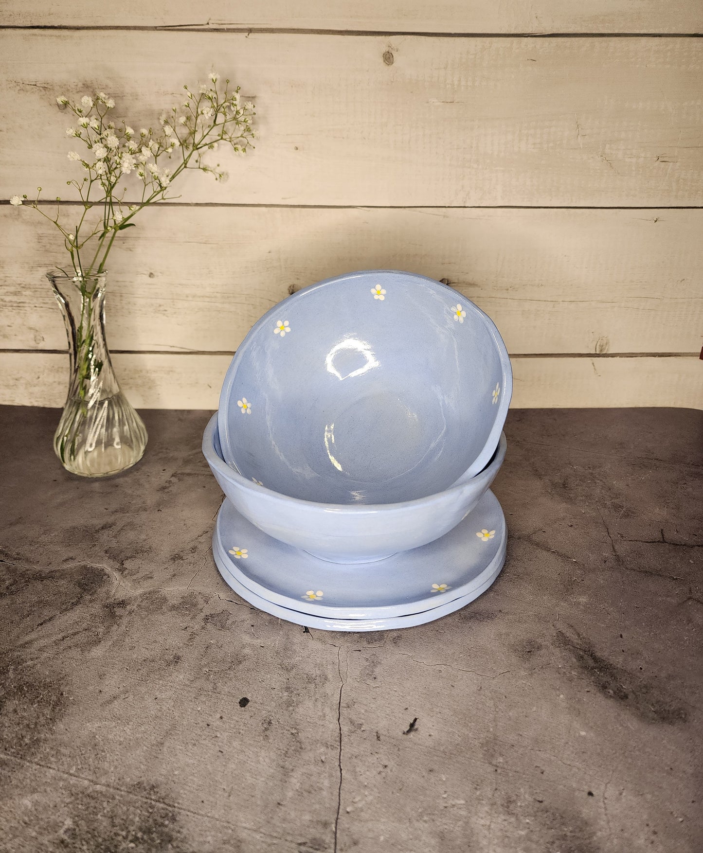 Bowl & Plate Set- Powder Blue Flowers